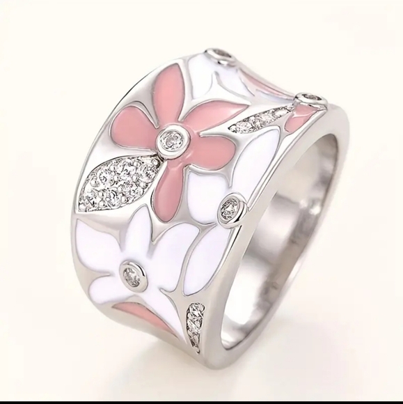 Jewelry - ENAMEL DAISY Floral🌼 & Zircon Wide Band Ring